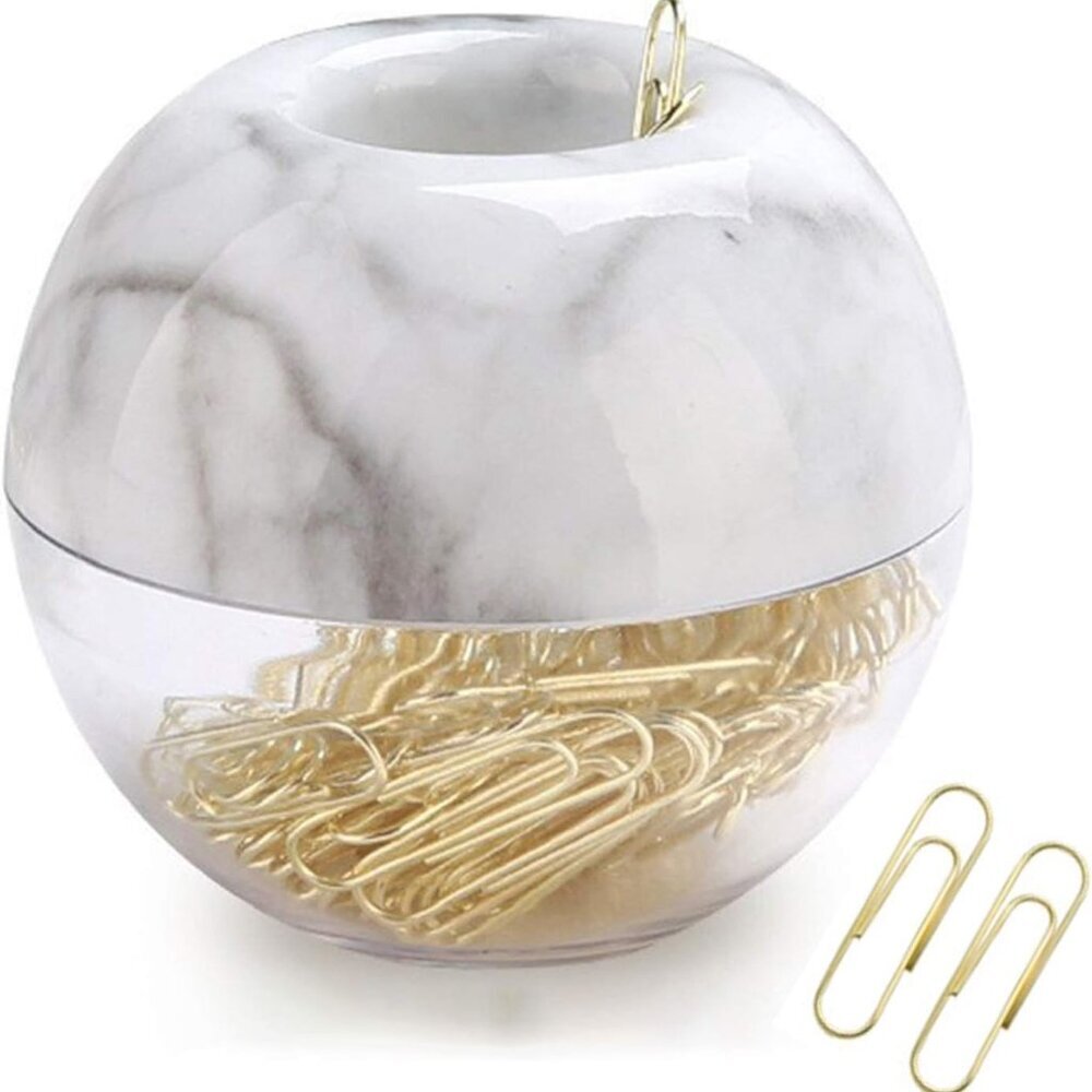 Magnetic Paper Clip Holder, Marble White holder with Gold PaperClips 100pcs 28mm